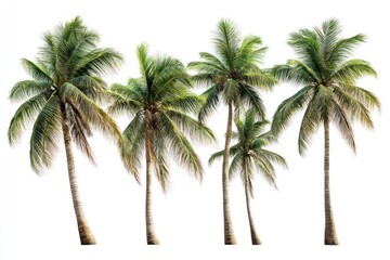 Obraz premium Five lush coconut palm trees isolated on white background.