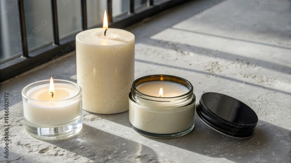 Poster three burning candles in glass containers on a concrete surface, bathed in the soft glow of natural 