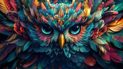 Obraz premium Colorful owl portrait with vibrant feathers.