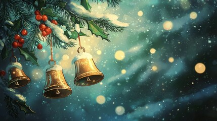 Festive Scene with Christmas Bells, Holly, Red Berries, Snow, and Golden Lights in a Dreamy Winter Background