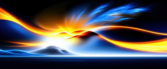 Naklejka premium Abstract energy waves, vibrant blue and orange colors, cosmic light trails, dynamic motion, dark background, ethereal glow, swirling patterns, digital art, futuristic, sci-fi aesthetic, high contrast,