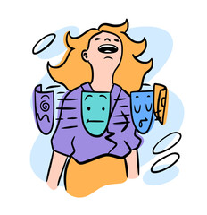 Mental health. Fake mask. Emotion expression disguise. Human psychology problem. Woman insincerity. Bipolar mind. Person pretends. Liar portrait. Hidden feelings. Vector hypocrisy or falsehood concept