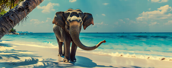 Elephant standing on a beach with its trunk hanging, showcasing majestic wildlife against a natural coastal landscape.
