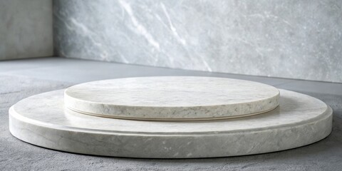 Fototapeta premium Round Marble Pedestal on a Concrete Floor With a Marble Wall in the Background