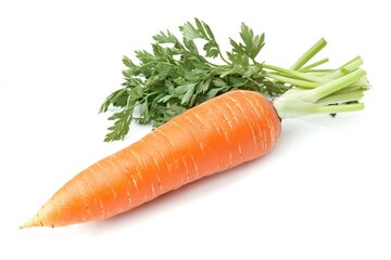 A large orange carrot with green leafy tops, laying diagonally on a white background