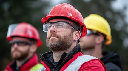 Obraz premium Focused construction worker in safety gear.