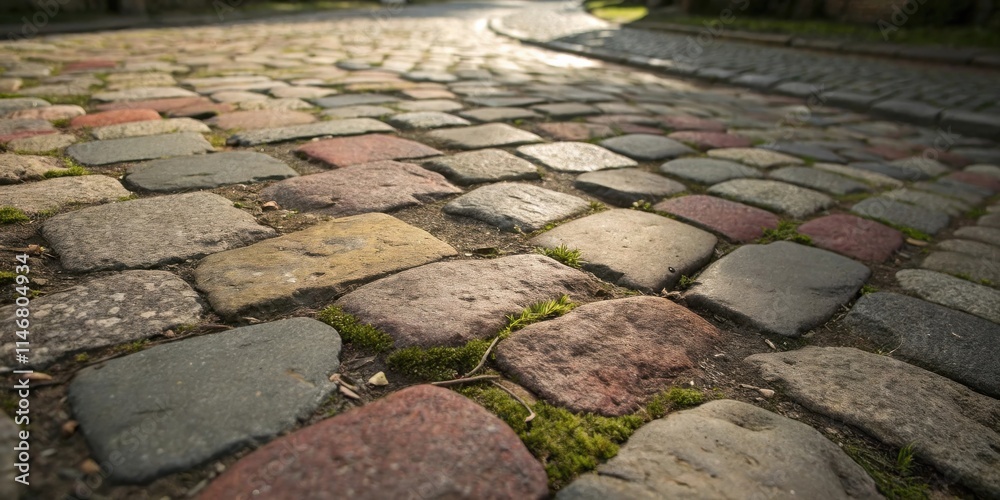 Aufkleber A close-up view of a cobblestone street, with a blurred background and a focus on the individual stones, showcasing the texture and color variations of the natural materials