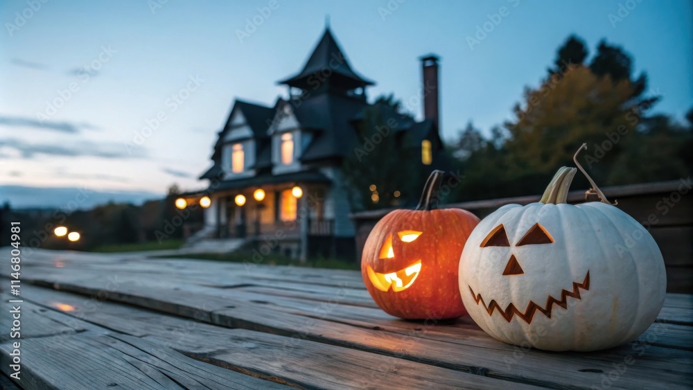 Poster two jack-o-lanterns sit on a wooden table in front of a haunted house at dusk