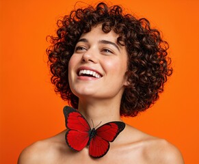 Woman smiling with red butterfly on her neck against orange background. Studio portrait. Health and thyroid awareness concept. Banner, poster with copy space. National Thyroid Awareness Month.