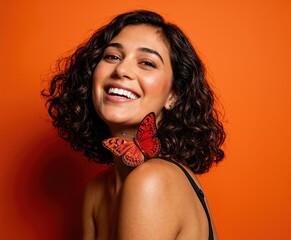 Woman smiling with red butterfly on her neck against orange background. Studio portrait. Health and thyroid awareness concept. Banner, poster with copy space. National Thyroid Awareness Month.