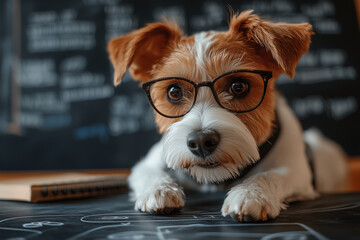 A charming dog with glasses and headphones with books in the foreground.
