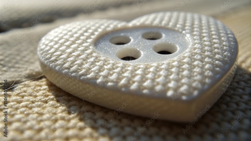 Aufkleber A heart-shaped button with a textured surface and three holes rests upon a woven fabric surface, a simple yet captivating detail in the world of sewing and handmade creations.