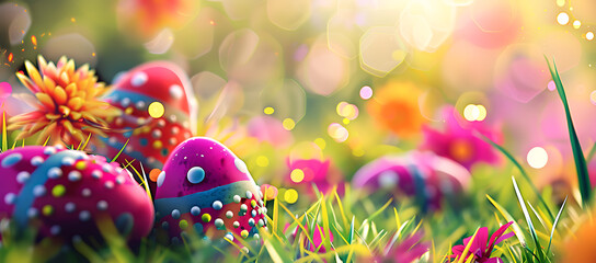 Festive Easter background with colorful eggs and vibrant pastel colors, perfect for seasonal greetings.