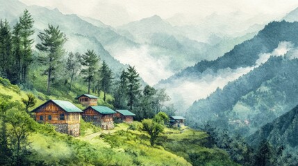 Obraz premium Misty mountain village with wooden houses nestled in green hills.