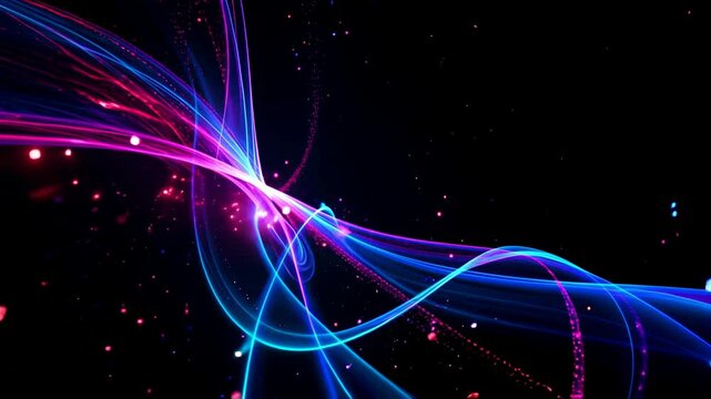 A deep black background with vibrant neon lines in shades of electric blue, magenta, and violet, swirling in a fluid, vortex-like motion. The lines twist and bend dynamically, forming elegant loops