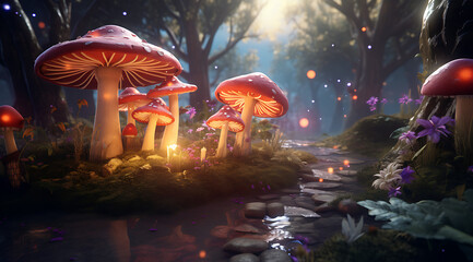 Enchanted fairytale mushrooms in a dreamy forest, magical fantasy concept with glowing elements and mystical atmosphere.