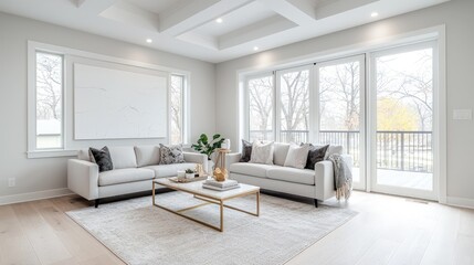 Fototapeta premium Modern living room with white sofas, large windows, and hardwood floors.