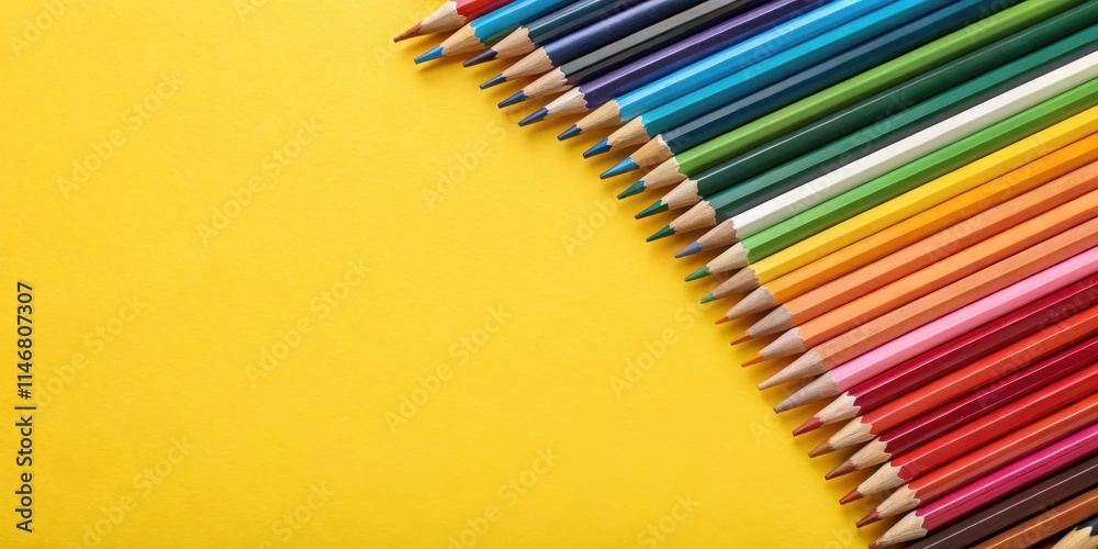 Poster a vibrant collection of colored pencils arranged diagonally on a bright yellow background, creating 