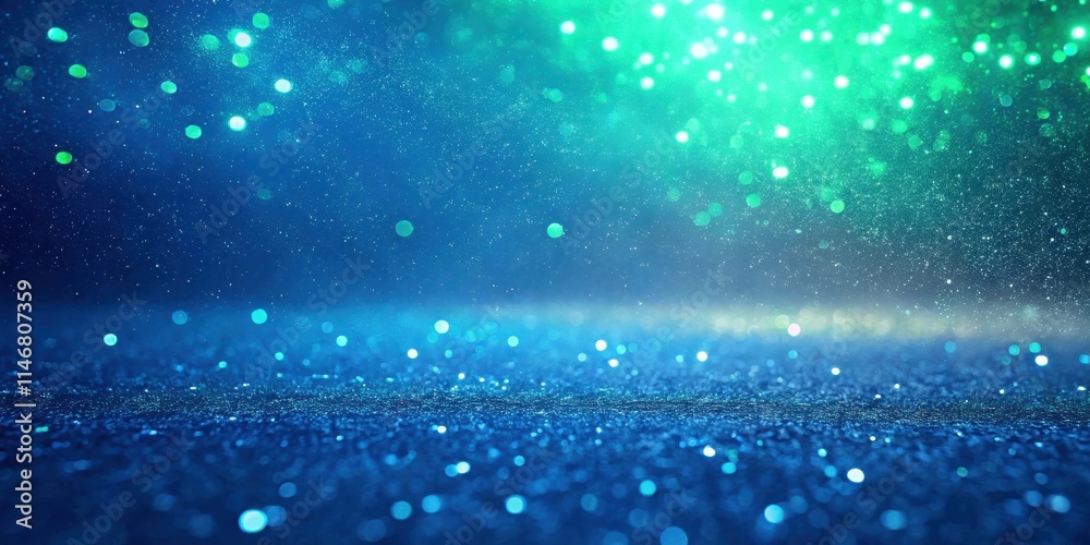 Poster abstract blue and green background with bokeh lights and glitter