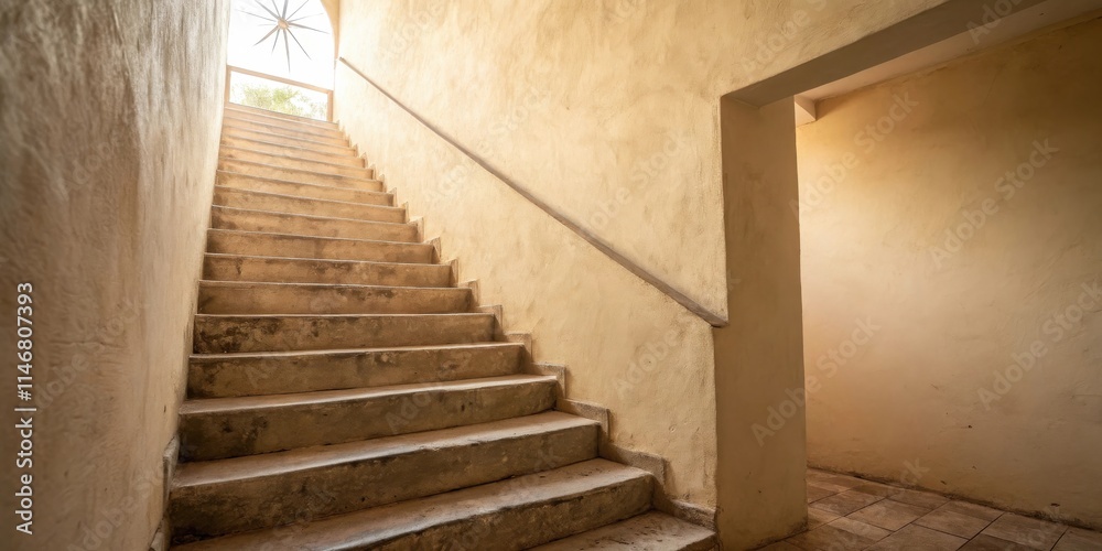 Poster a set of stone stairs ascend towards a window, bathed in soft sunlight, within an aged, cream-colore