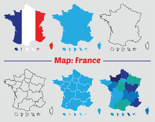 france map set. vector map of France. Country map with region blue color and flag shape, stroke map.