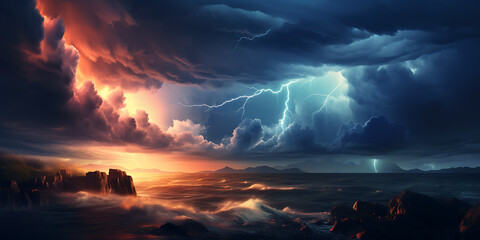 Evening thunderstorm over the sea coast, dramatic skies and turbulent waters, creating a powerful natural scene.