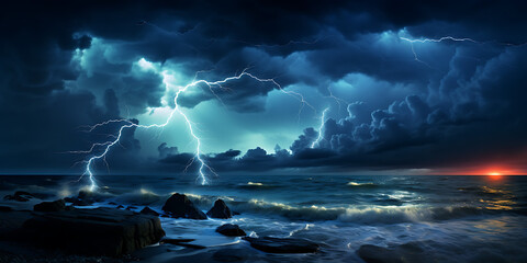 Evening thunderstorm over the sea coast, dramatic skies and turbulent waters, creating a powerful natural scene.