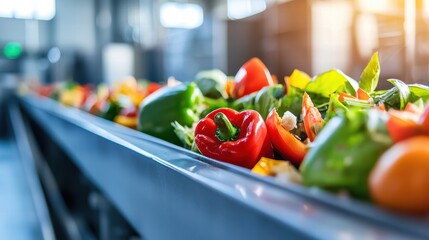 Fresh food scraps on conveyor belt in recycling plant