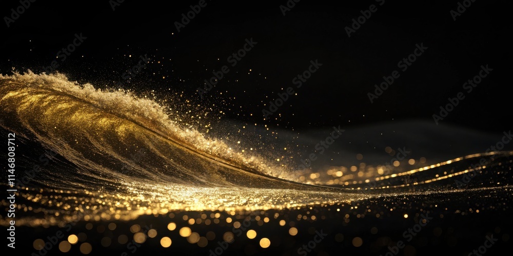 Poster a golden wave crashes against the dark background, illuminating the surface with a cascade of glitte