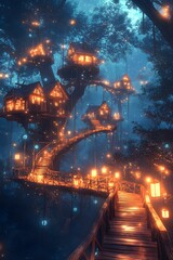 A futuristic treehouse village among glowing trees with magical blue-green lights. A wooden bridge connects houses, set under a starry night sky, evoking adventure, dreams, and nature's wonder.