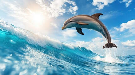 Jumping dolphin in blue ocean waves under sunny sky