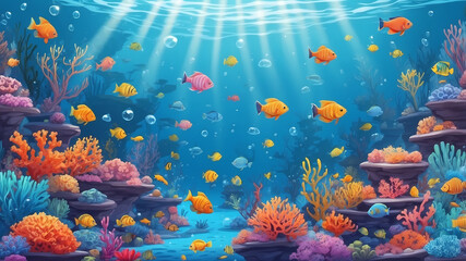 Vibrant underwater scene with colorful fish and coral reefs for marine life illustration