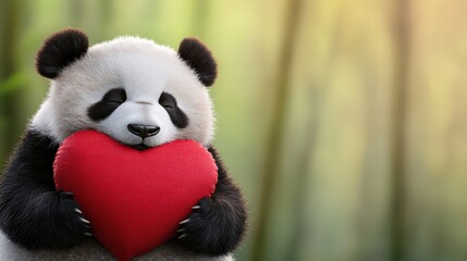 A cute panda holds a red heart, symbolizing love and affection in a serene setting.