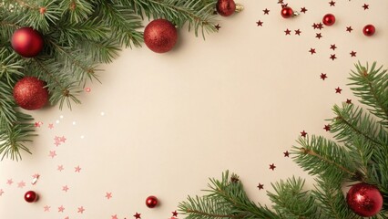 Red Christmas Ornaments and Evergreen Branches Surrounded by Glittering Stars on a Light Beige Background