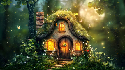 Enchanted Forest Cottage: A whimsical fairy house nestled in a magical, glowing forest, illuminated by warm lights and fireflies.