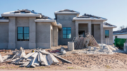 Upscale single-family house under construction, with roof in progress, and modular scaffolding, wooden planks, barrels and wheelbarrows on sandy lot, in a suburban development in southwest Florida