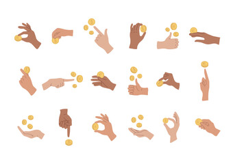 Different gestures hands are holding a coin cash. Set of payment options. Human arms giving  small change dollar and euro cents, paying, counting. Finance icons. Vector illustration isolated on white