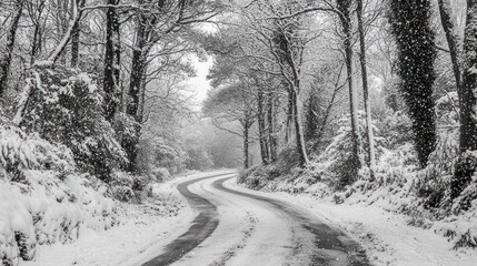 Snow-covered winding road through a snowy forest.