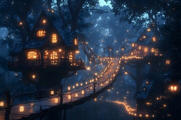 A futuristic treehouse village among glowing trees with magical blue-green lights. A wooden bridge connects houses, set under a starry night sky, evoking adventure, dreams, and nature's wonder.