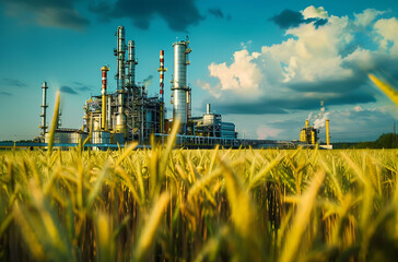 Factory on the background of a wheat field, representing industrial production against a natural rural landscape.