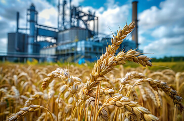Factory on the background of a wheat field, representing industrial production against a natural rural landscape.