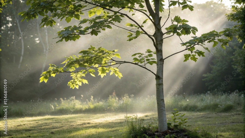 Poster a young tree stands tall in a field, its leaves catching the soft rays of sunlight filtering through
