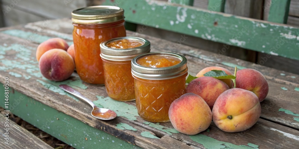 Poster homemade peach jam jars ready for enjoyment on a rustic wooden table