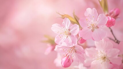 Delicate pink cherry blossoms against a blush pink background, macro shot, Romantic style