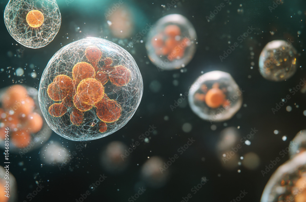 Wall mural complex biological cells are visible with striking orange structures inside a translucent membrane, 