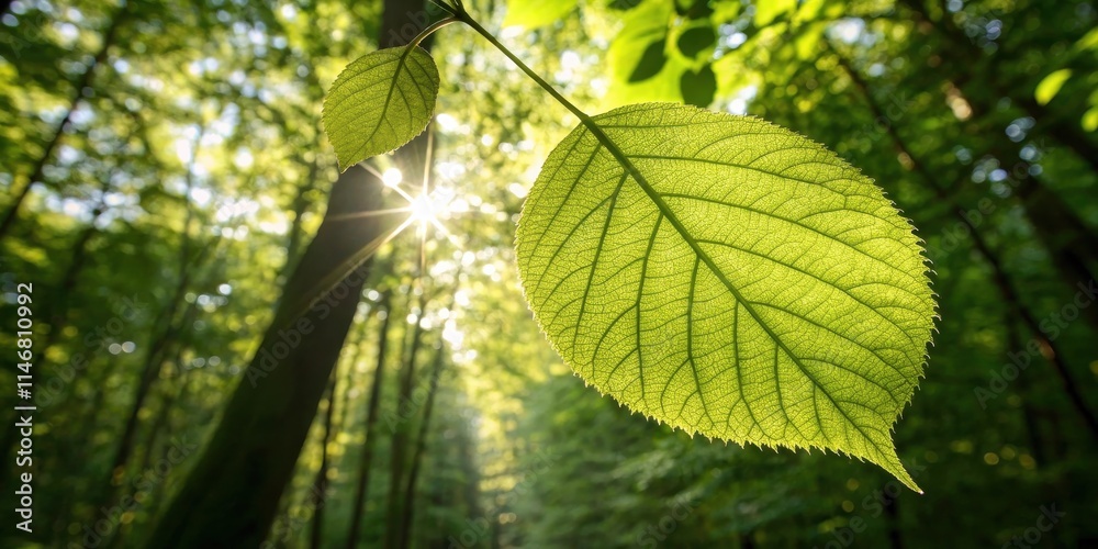 Aufkleber a single leaf illuminated by sunlight in a dense forest, showcasing the intricate veins and delicate