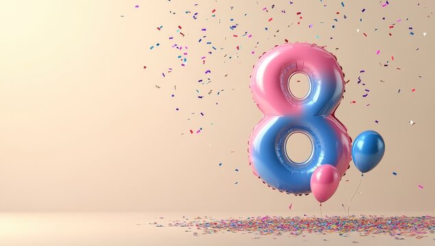 Celebrating Eight Years: Pink and Blue Number Balloon with Confetti