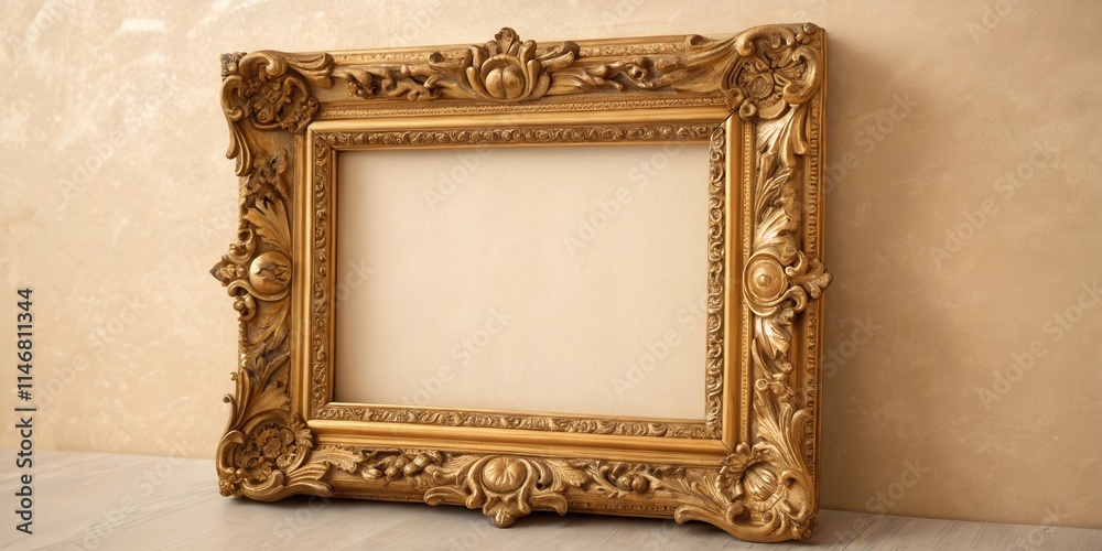 Poster an ornate golden picture frame with intricate carvings, showcasing a blank canvas, ready to be fille