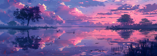 Fantastic pink sky during sunset, creating a surreal and vibrant landscape with beautiful lighting.