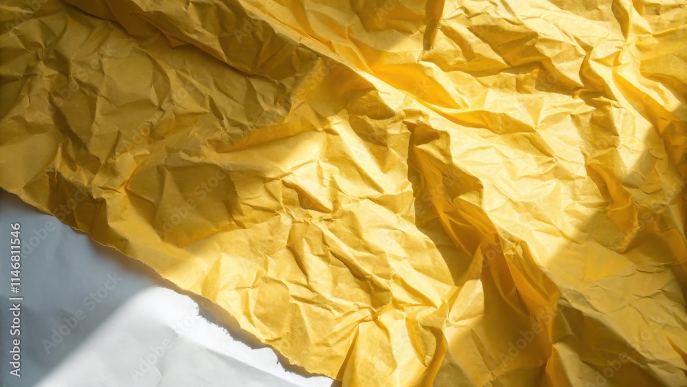 Poster a close-up of crumpled yellow paper illuminated by the sun, casting dramatic shadows and highlightin